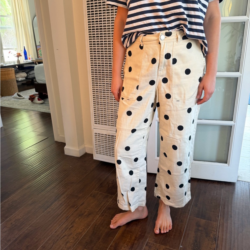 Polka Dot Wide Leg Cotton Pants - Cream with Black Dots